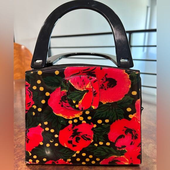 90’s resin box evening purse red flowers yellow dots retro Angela Frascone - Picture 1 of 8